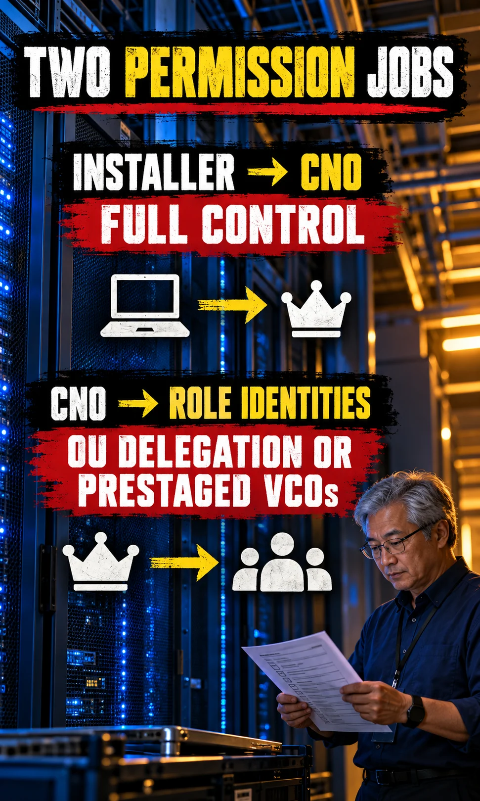 Permission comparison separates installer access to the CNO from CNO access for role identities.