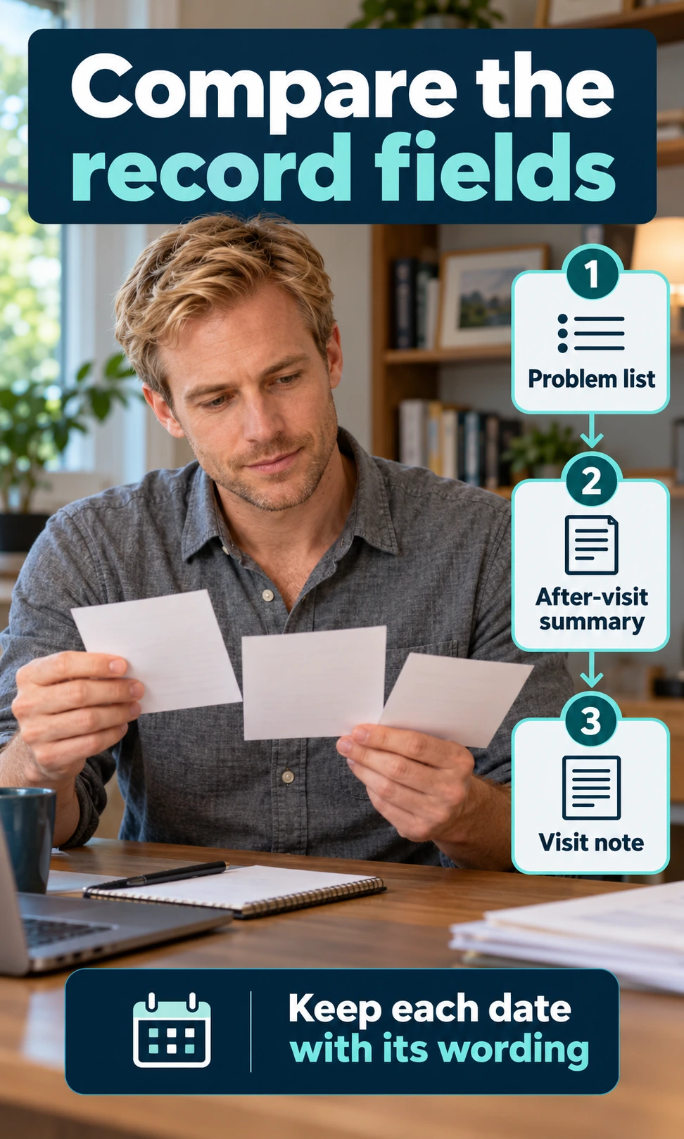 A blond man compares record fields with reminders to keep the date beside each entry.