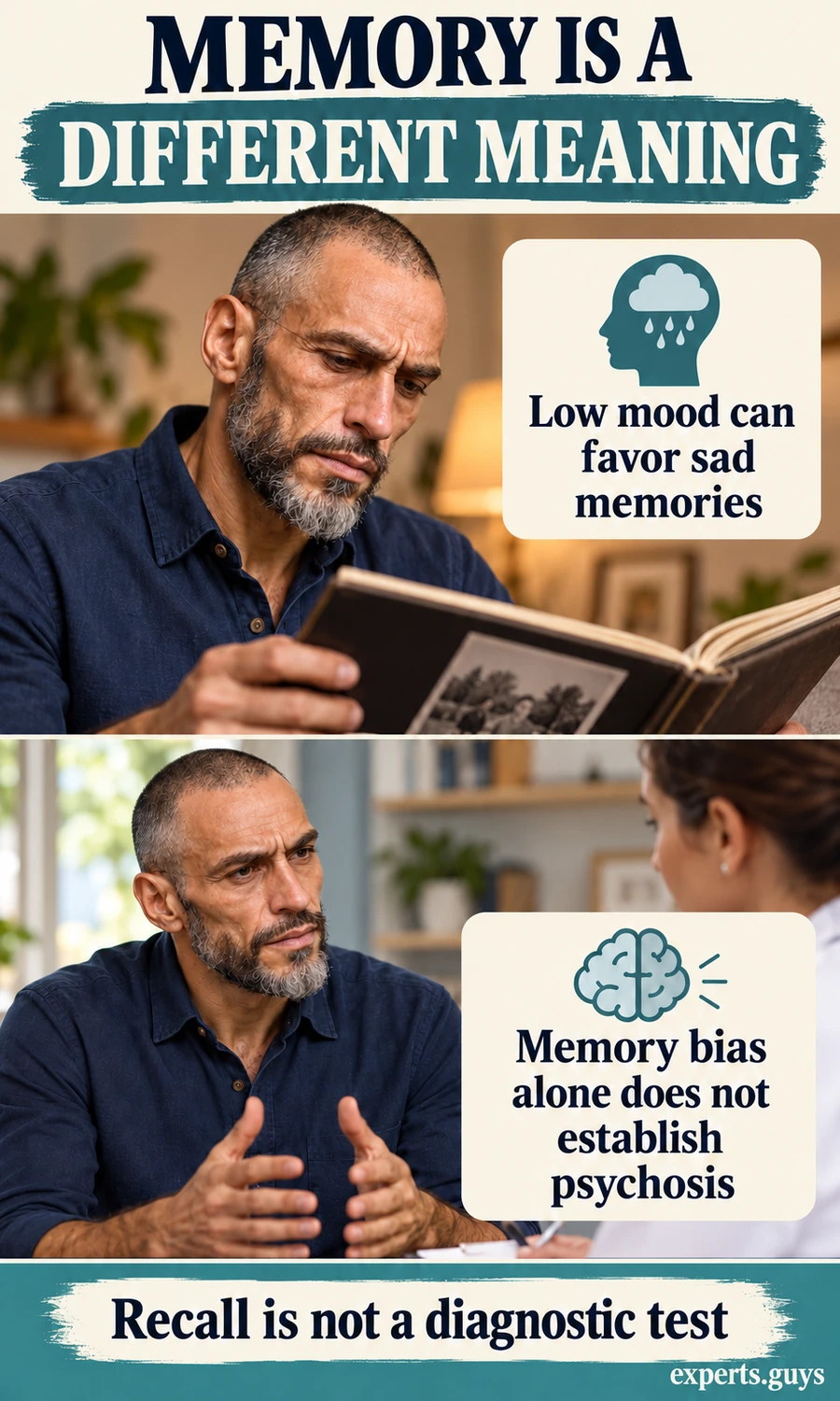 A man looks at photographs and speaks with a clinician beside labels distinguishing memory bias from psychosis.