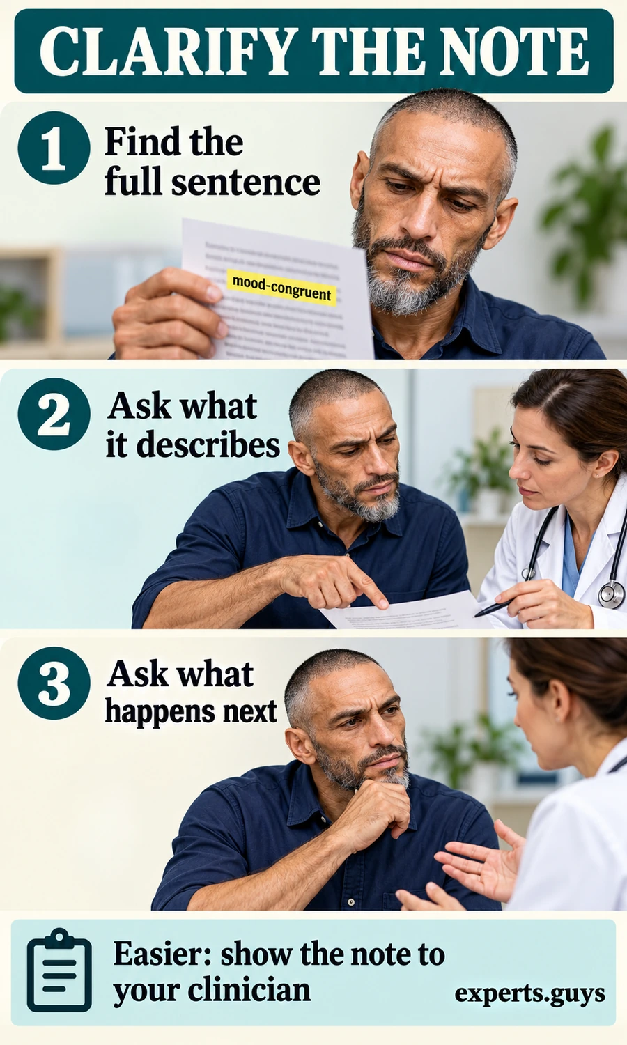 A man finds the full sentence in a note, asks a clinician what it describes and asks about the next step.
