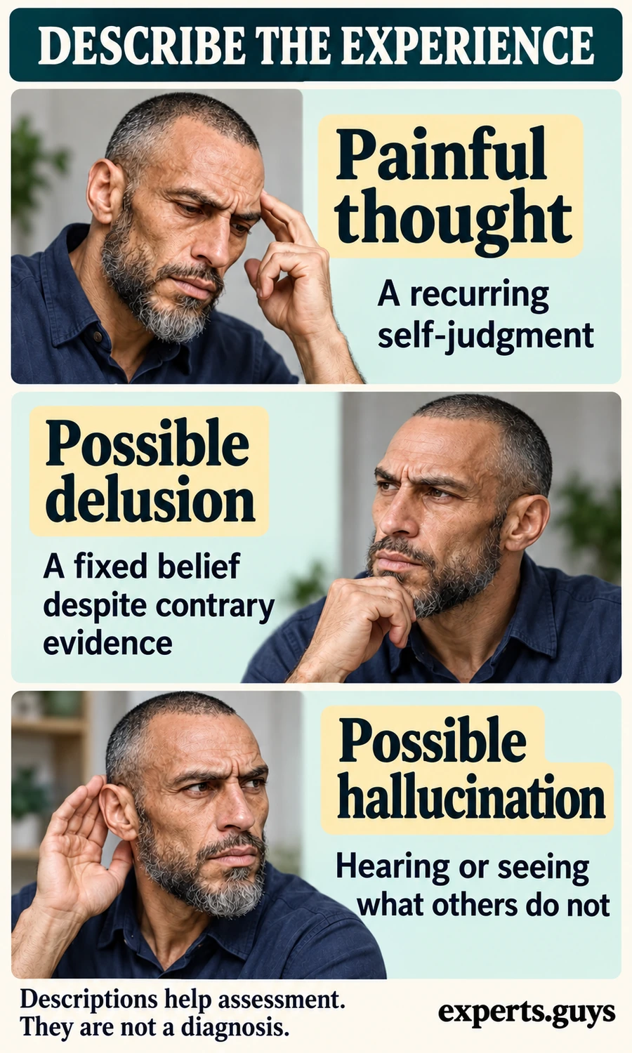 Three panels distinguish a painful thought, a possible delusion and a possible hallucination.