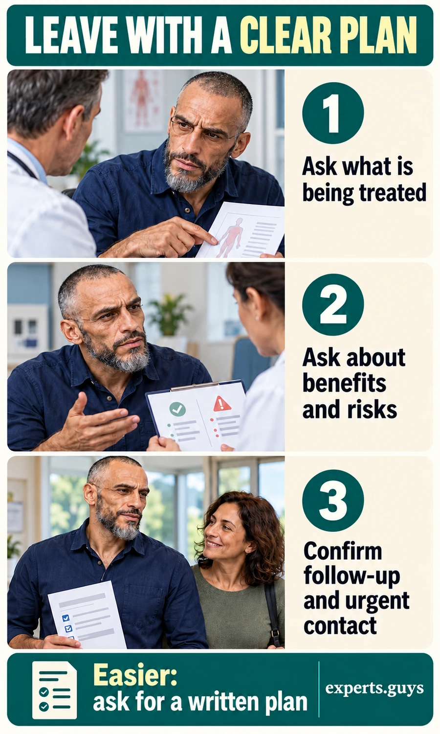 A man asks what is being treated, discusses benefits and risks, and confirms follow-up and urgent contact.