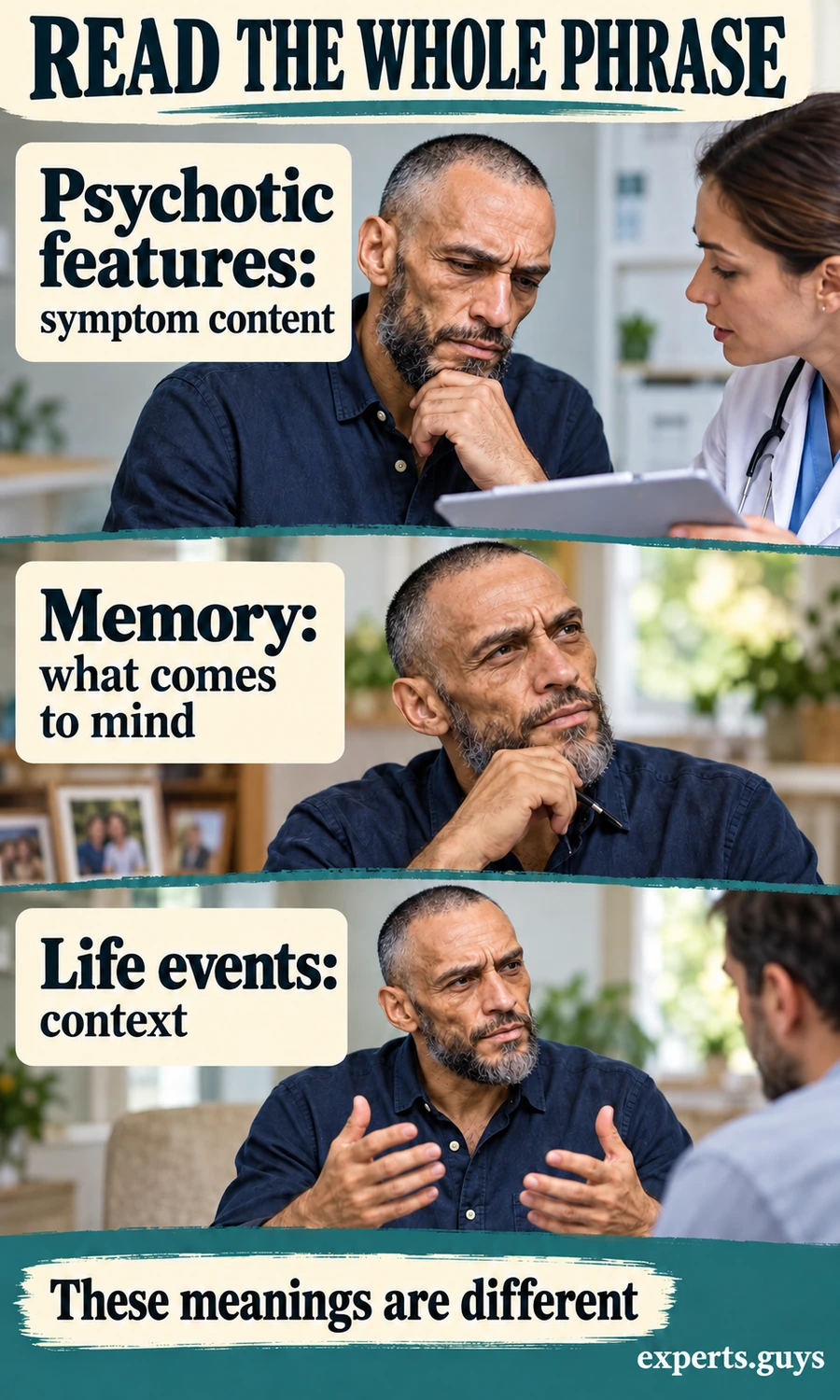 A man discusses a clinical note, recalls memories and talks about life events in three labelled panels.