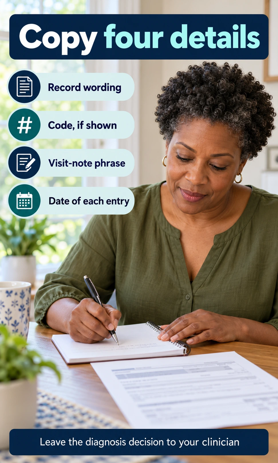 A woman copies record wording, a displayed code, a visit-note phrase and dates into a notebook.