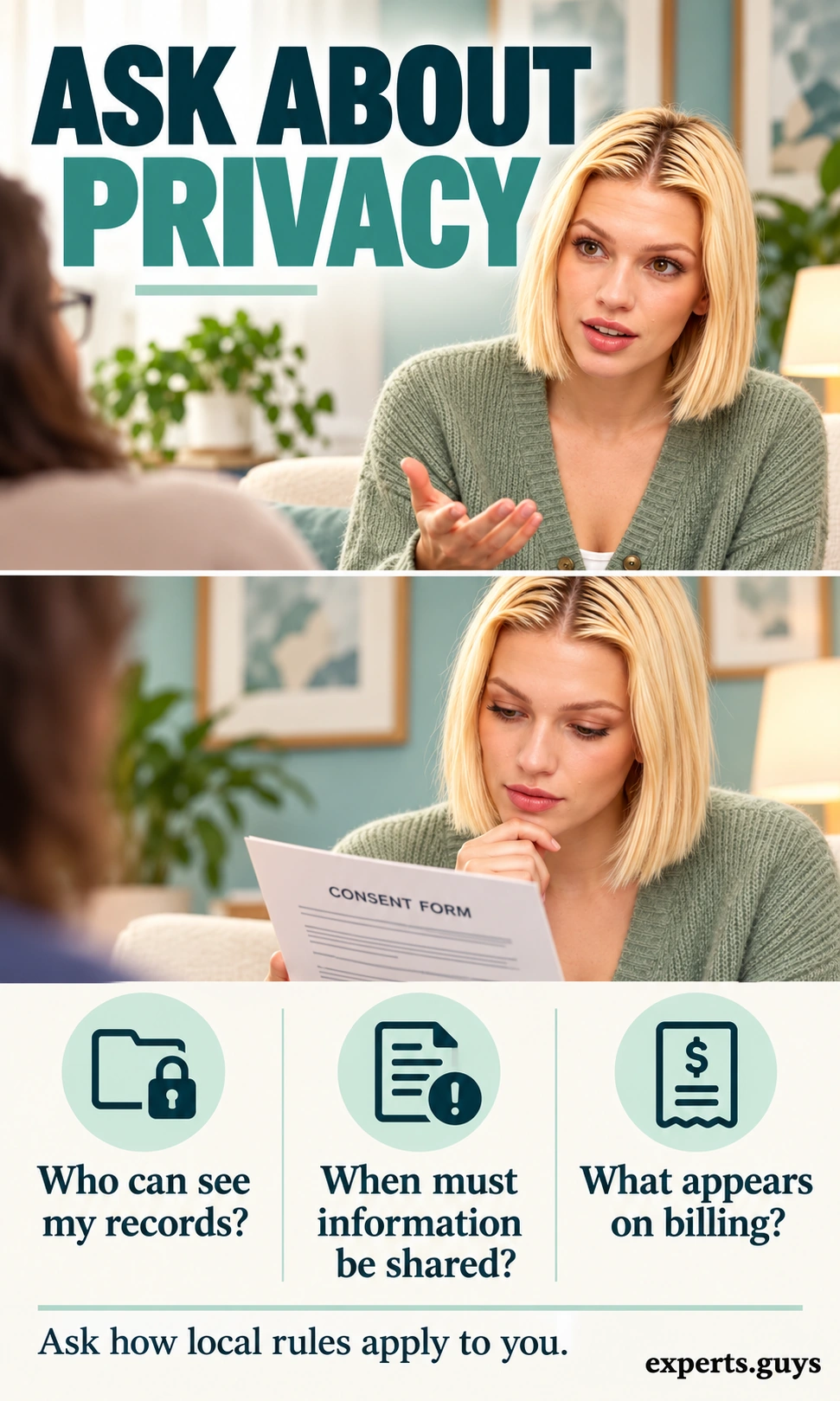 Woman reviews a consent form with prompts about record access, required disclosures, and billing information.