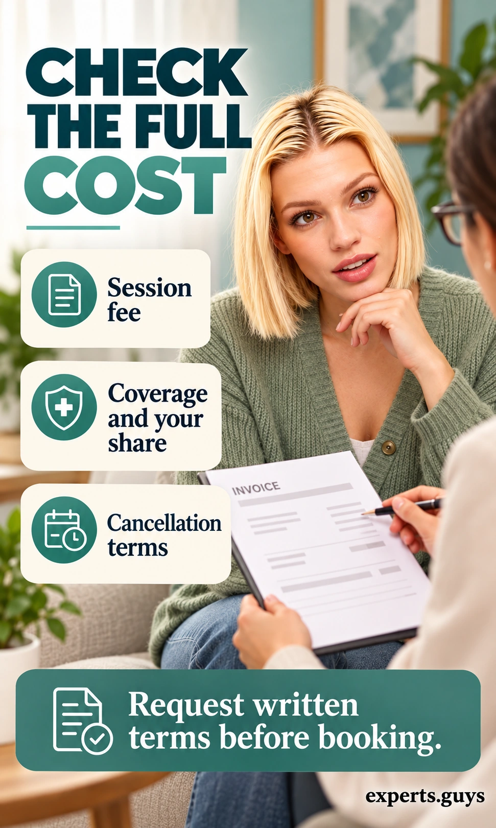Woman reviews an invoice beside labels for session fees, coverage and personal costs, and cancellation terms.