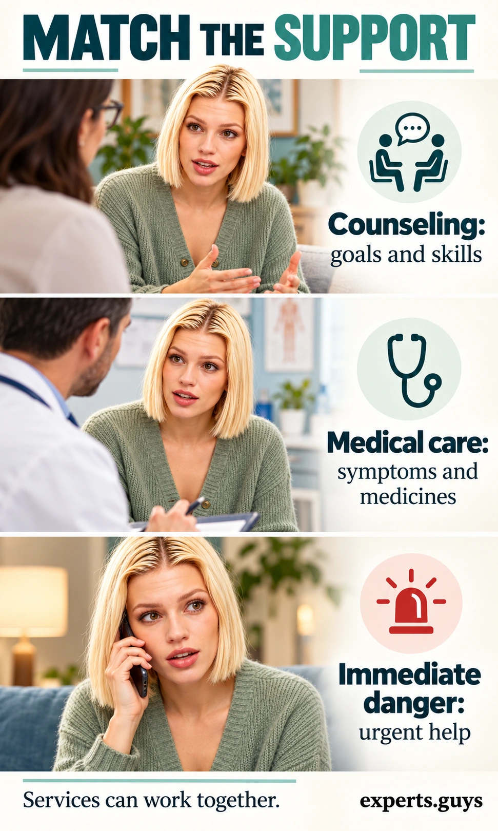 Three scenes compare counseling for goals and skills, medical care for symptoms and medicines, and urgent help for immediate danger.