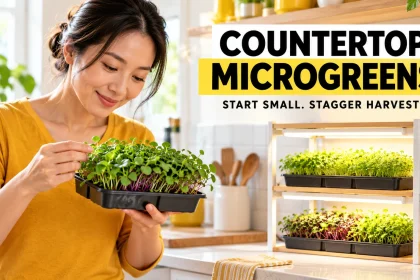 An apartment gardener inspects a microgreens tray beside a compact indoor growing shelf.