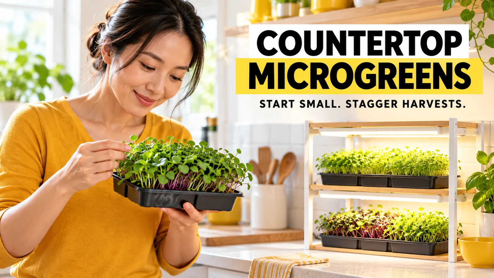 An apartment gardener inspects a microgreens tray beside a compact indoor growing shelf.