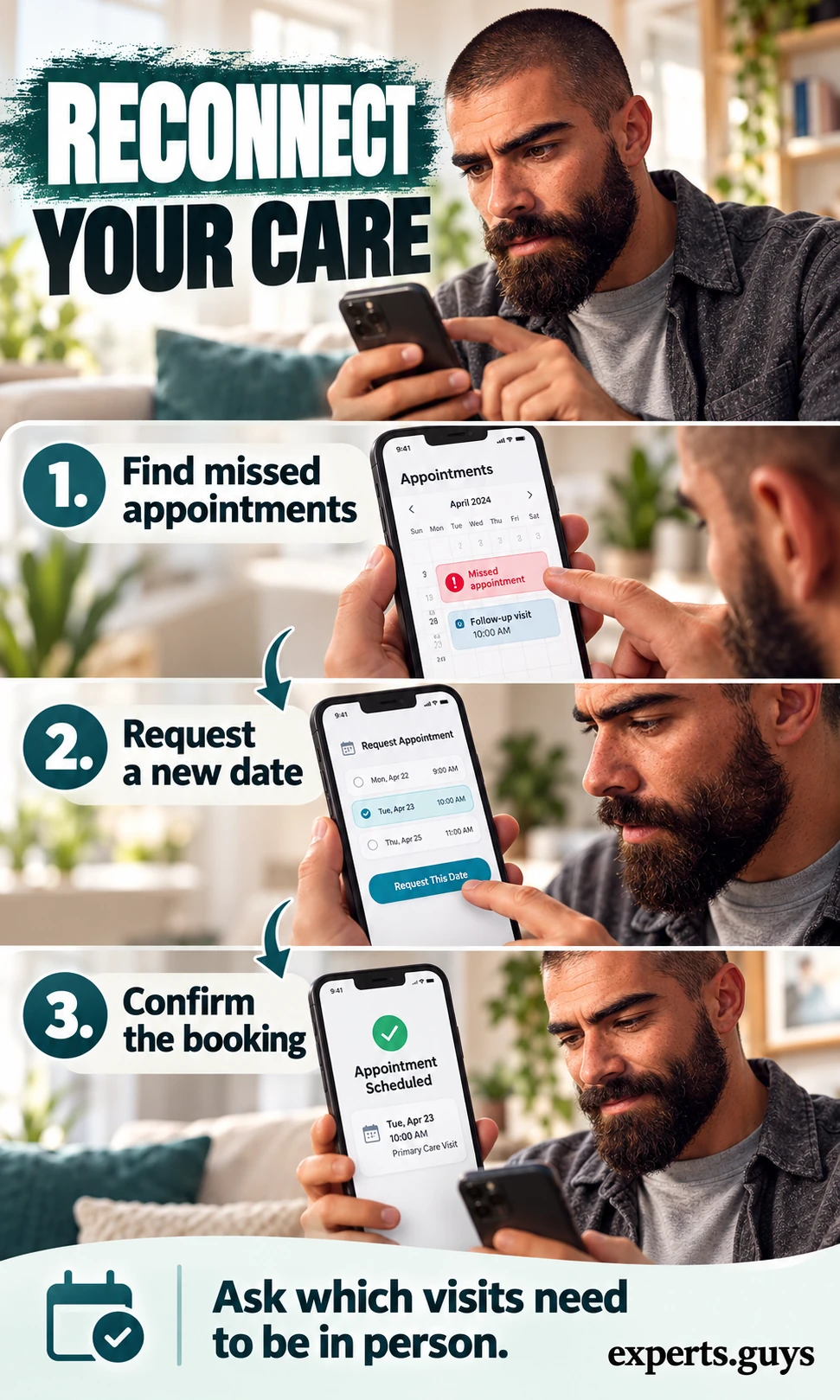 Man checks missed appointments, requests a new date and confirms a booking on his phone.