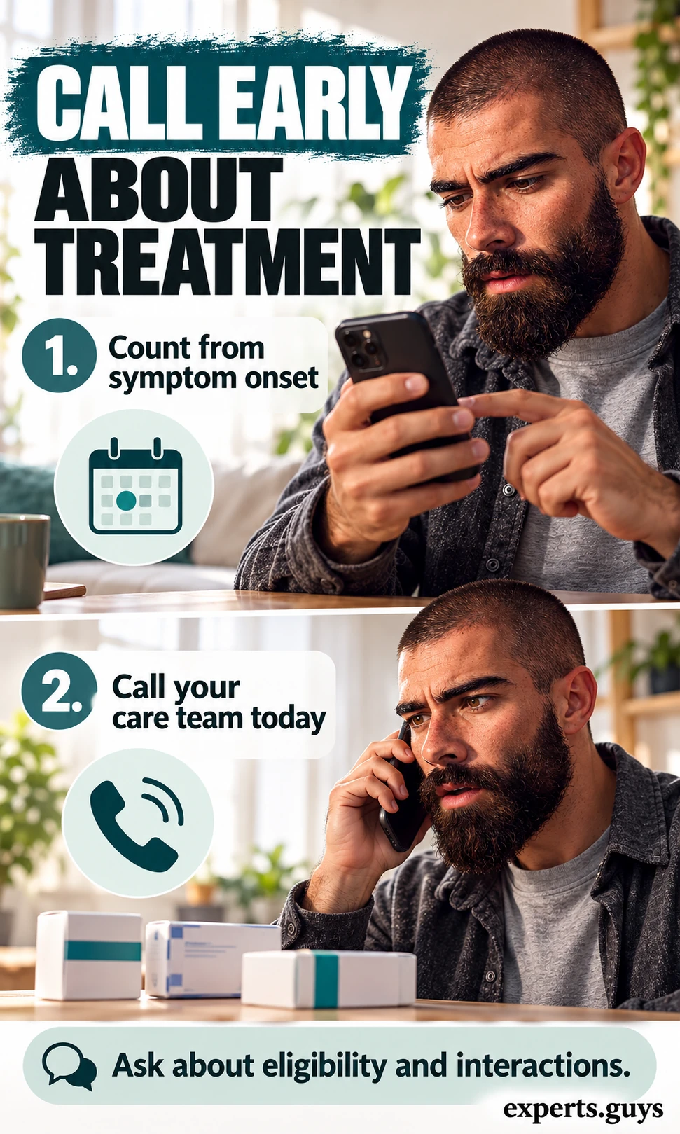 Man checks a date on his phone and calls his care team about treatment eligibility and interactions.