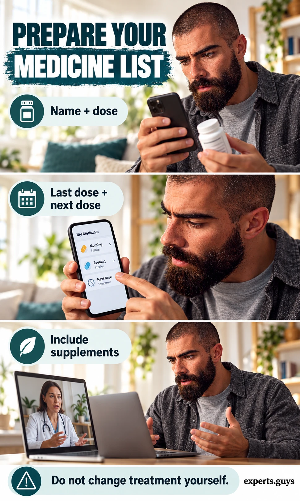Man photographs a medicine label, checks a digital list and discusses it during a video appointment.