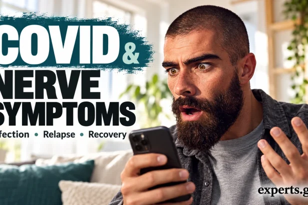 Man in grey holding a smartphone beside the headline COVID & Nerve Symptoms.
