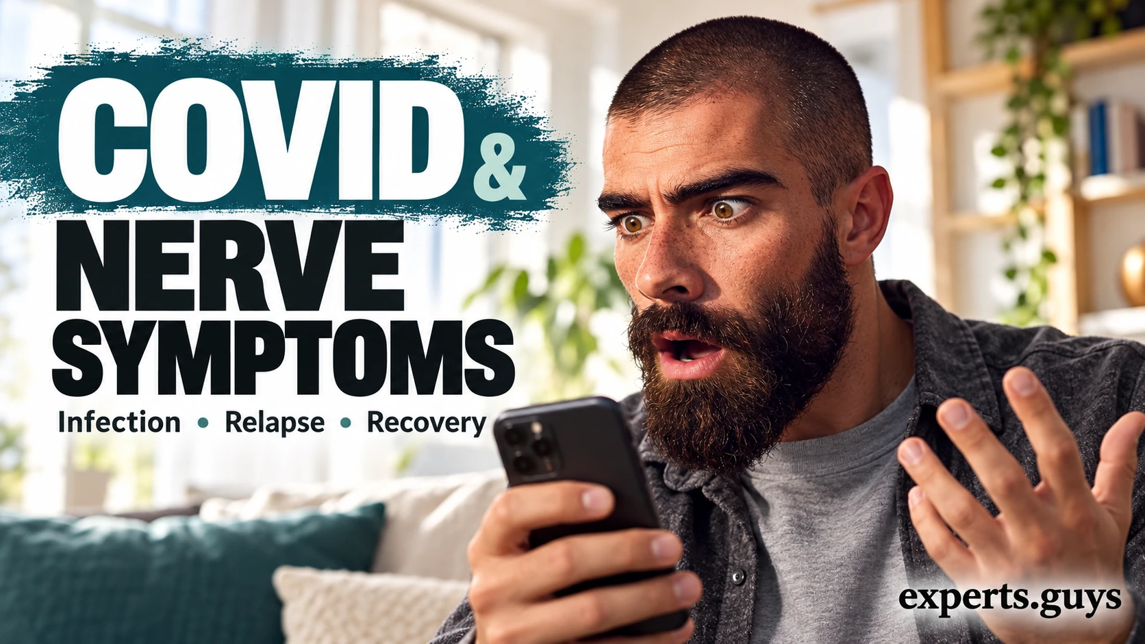 Man in grey holding a smartphone beside the headline COVID & Nerve Symptoms.