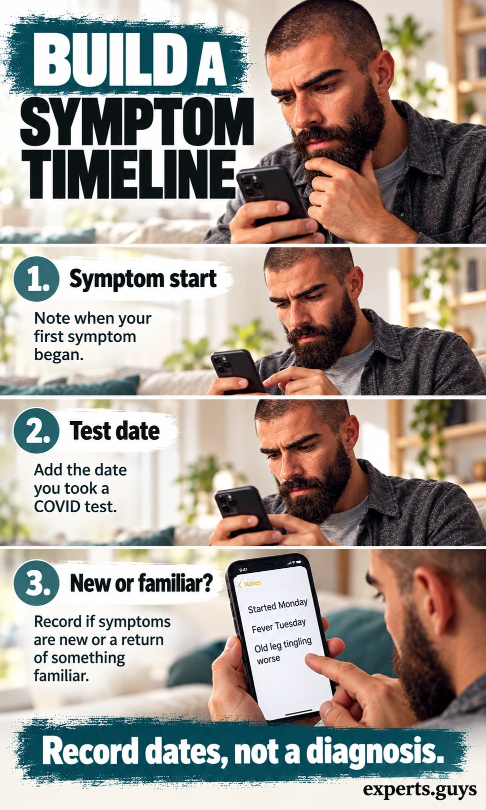 Man uses phone notes to record symptom onset, test date and whether symptoms are new or familiar.