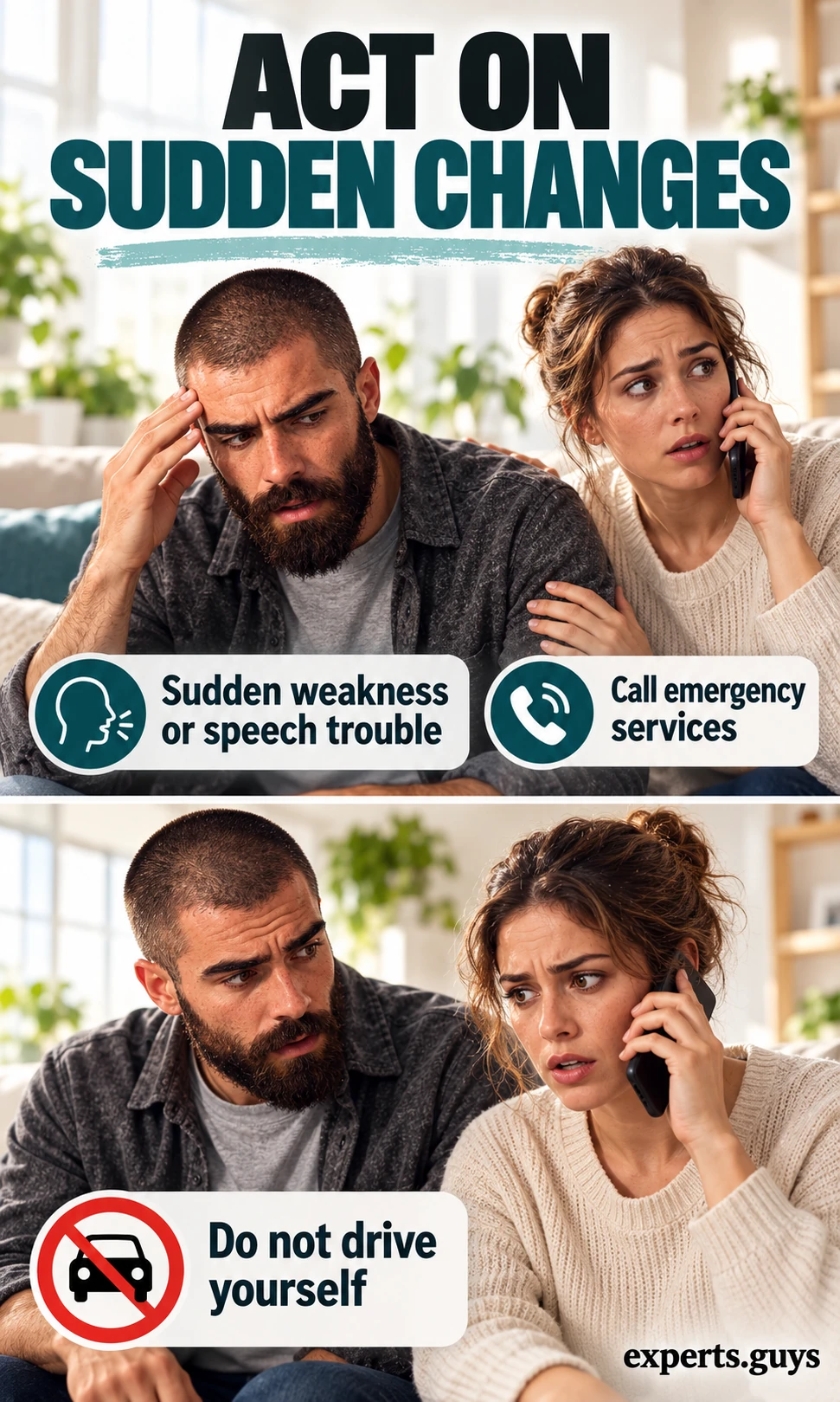 Man seated while a companion calls for help, with labels about sudden weakness or speech trouble.