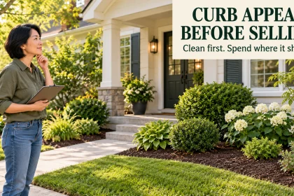 Homeowner inspects a tidy front garden and clear approach before selling.