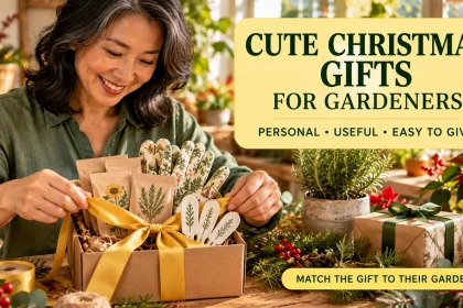 Woman wrapping a botanical gardening gift box beside a cute Christmas gifts for gardeners headline