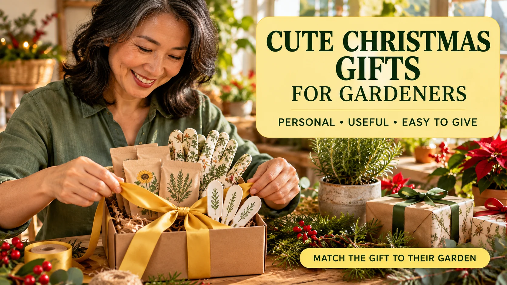 Woman wrapping a botanical gardening gift box beside a cute Christmas gifts for gardeners headline