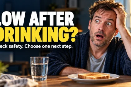 A surprised adult looks wide-eyed beside the headline Low After Drinking and a safety-first next-step message.