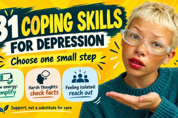 A freckled adult with short platinum hair presents three starting choices for low energy, harsh thoughts and isolation.