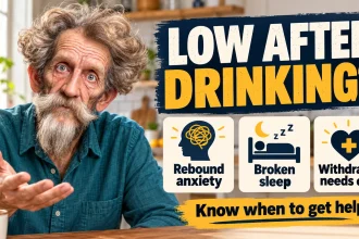 An older man gestures with concern beside rebound anxiety, broken sleep and withdrawal-care reminders.