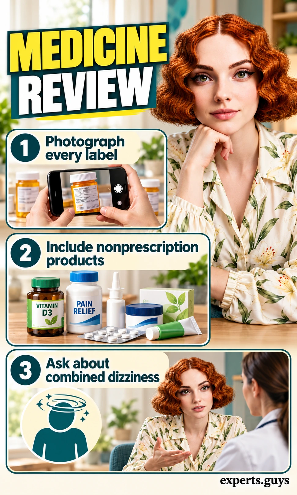 Woman in a lily-print blouse uses phone photos to prepare a complete medicine review.