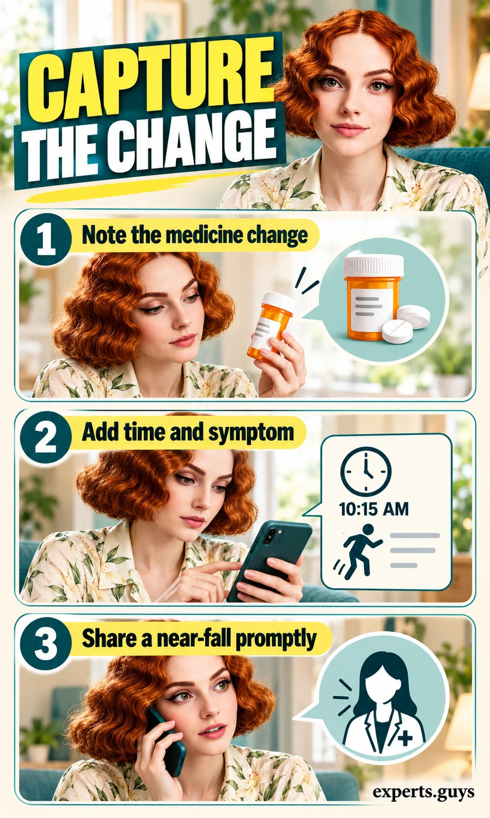 Woman uses a phone to connect a medicine change with dizziness and a near-fall.