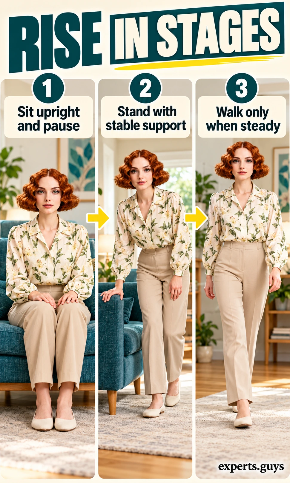 Woman demonstrates sitting upright, standing with stable support and pausing before walking.