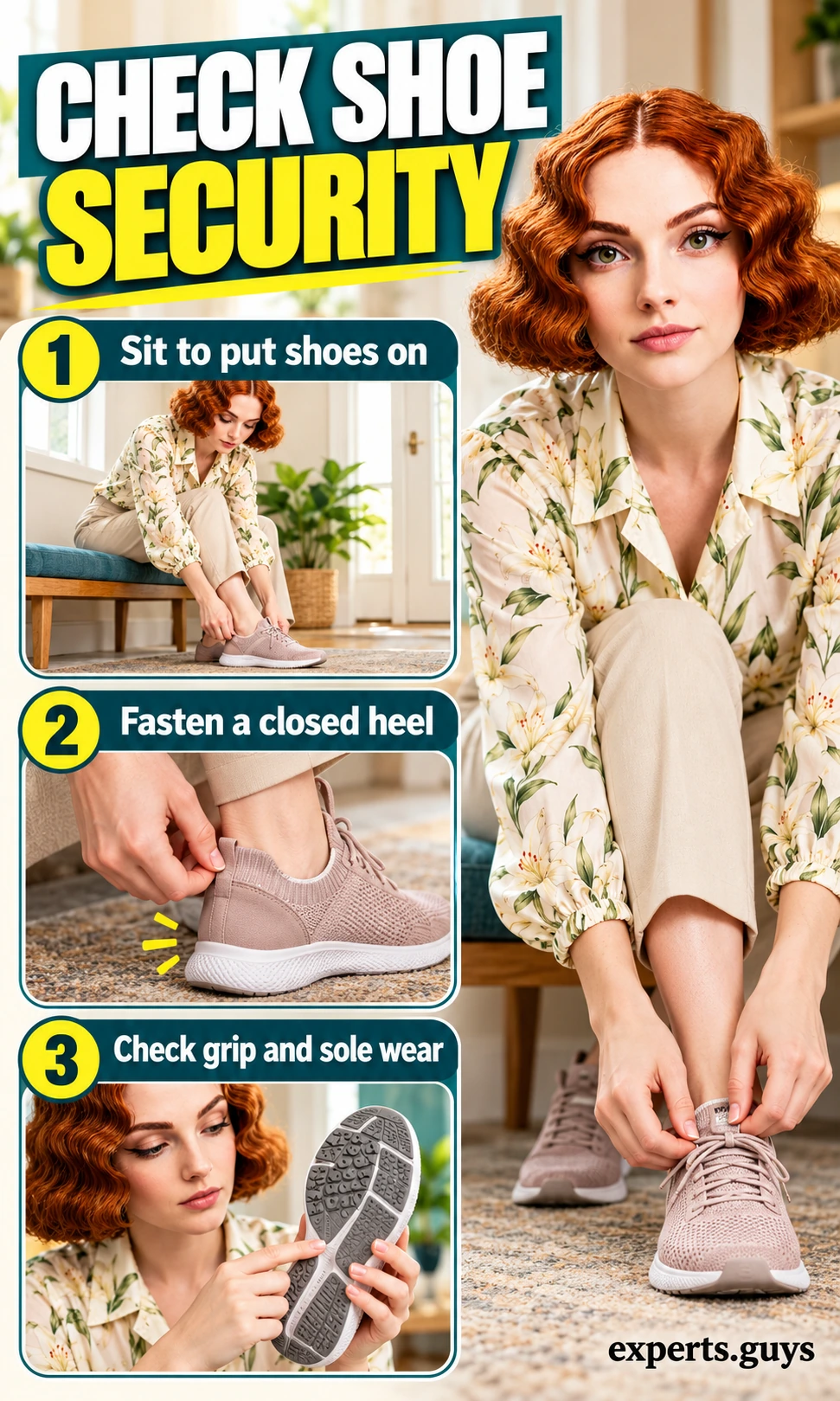 Woman checks secure closed-back footwear and the condition of its soles.