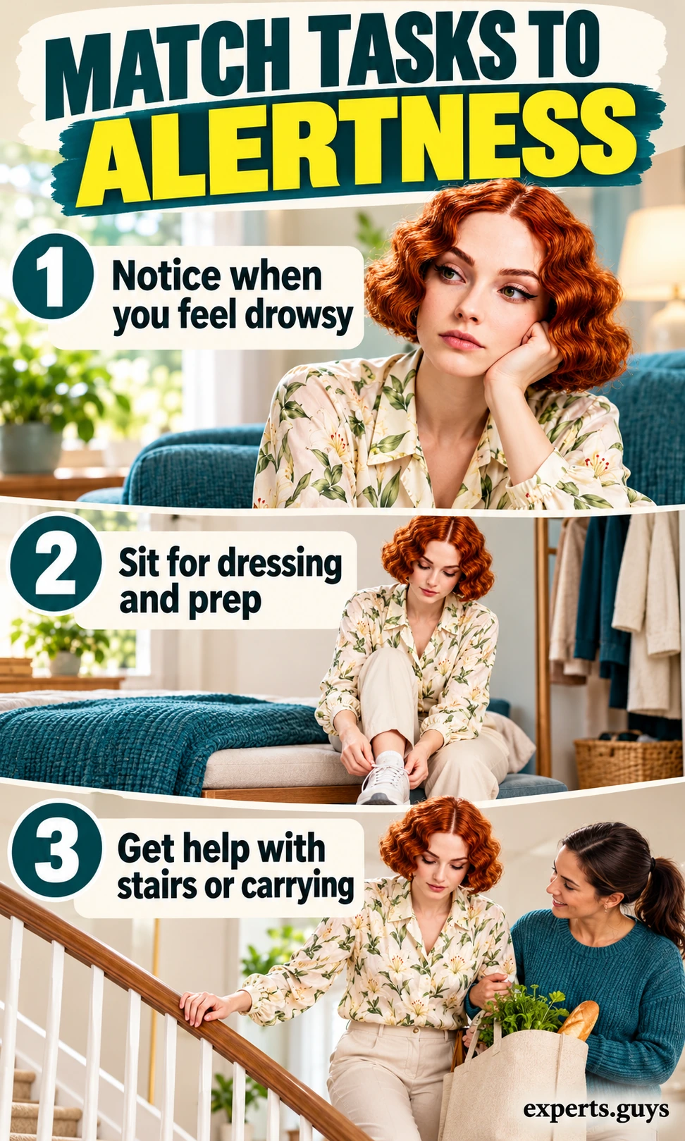 Woman adapts daily tasks by sitting and arranging help when drowsy.