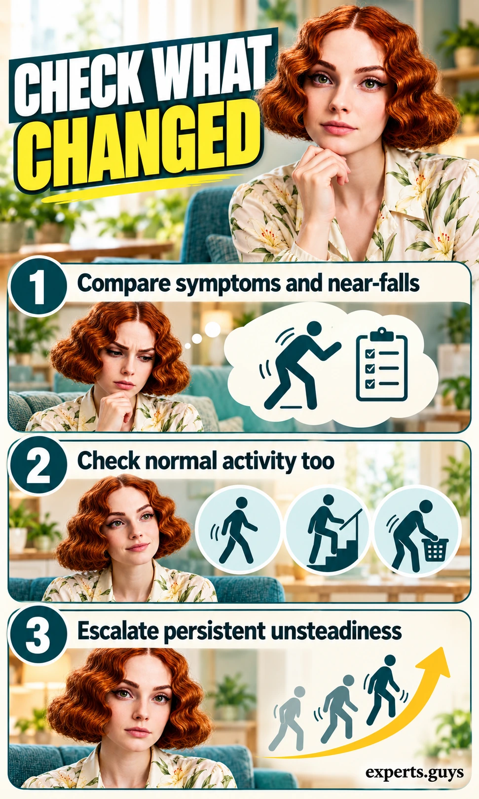 Woman beside visual reminders to compare symptoms, near-falls and normal activity and report persistent unsteadiness.