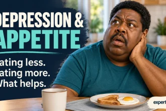 A man looks puzzled beside a meal, with the headline Depression and Appetite and the words Eating less, Eating more, What helps.