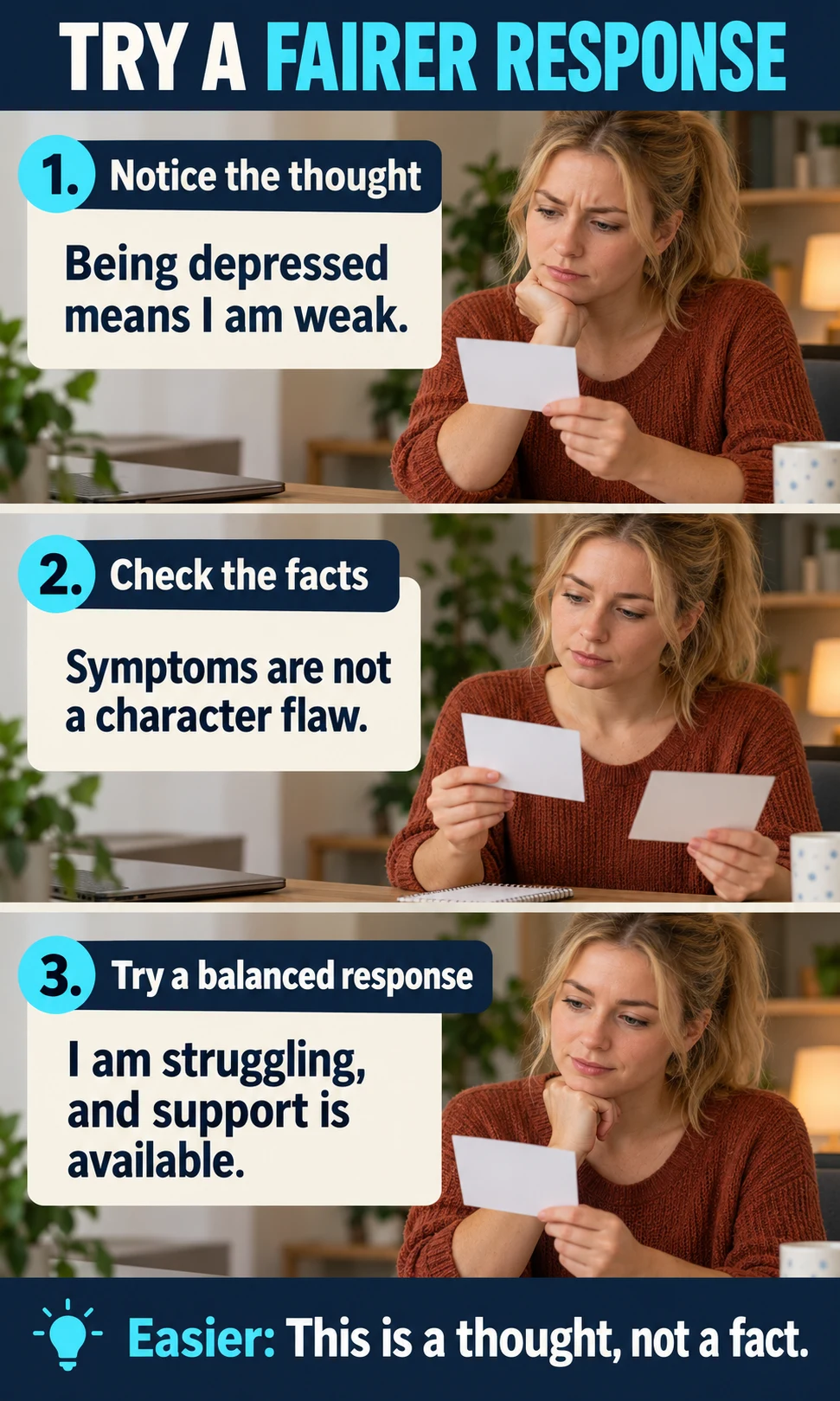 A woman works through noticing a self-critical thought, checking facts and choosing a balanced response, with a shorter alternative.