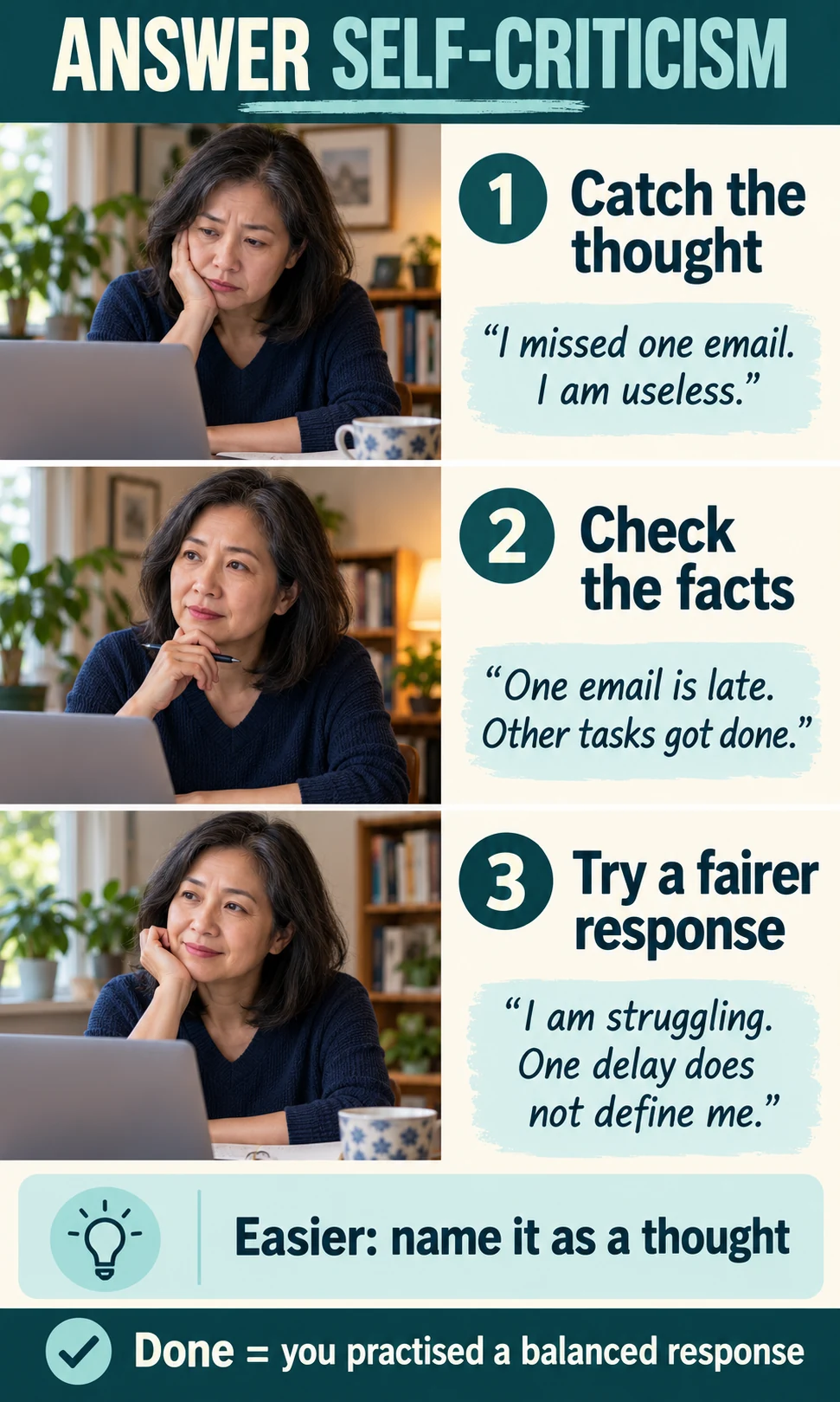 Four panels demonstrate catching a self-critical thought, checking unfinished laundry against one completed email, trying fairer words and saying them once.