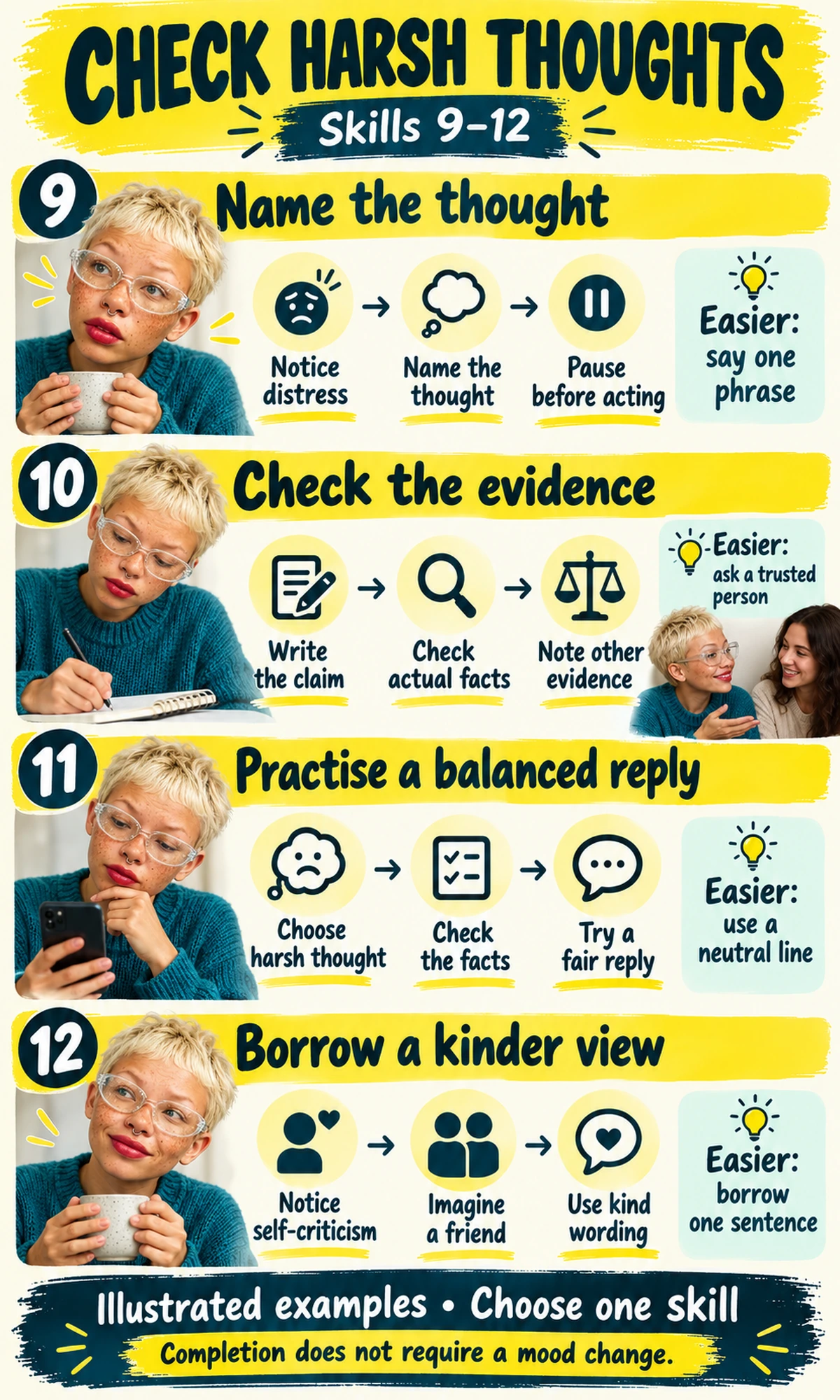 The same adult demonstrates skills 9 to 12: name the thought, check the evidence, practise a balanced reply, borrow a kinder view.
