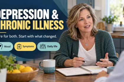Woman discussing a notebook during a care conversation about depression and chronic illness