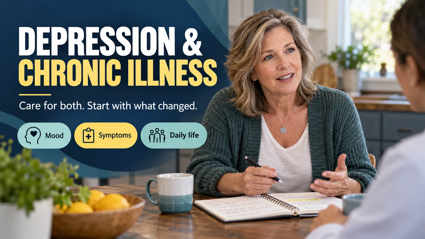 Woman discussing a notebook during a care conversation about depression and chronic illness
