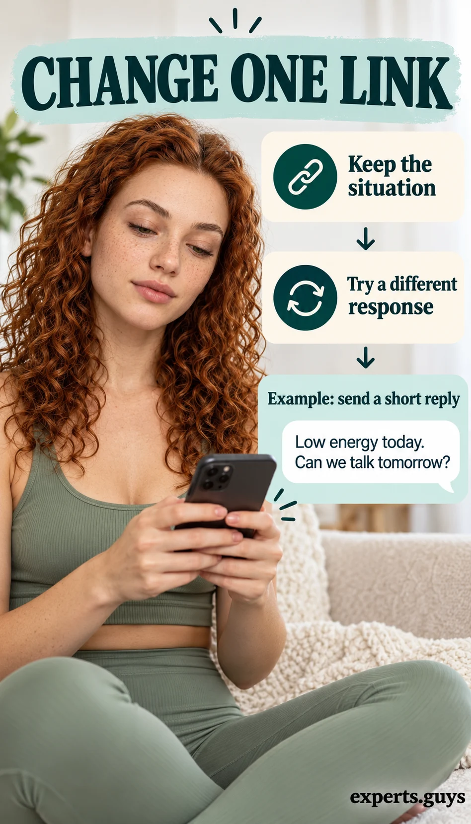 A woman prepares a short phone reply as an alternative to leaving a conversation unanswered.