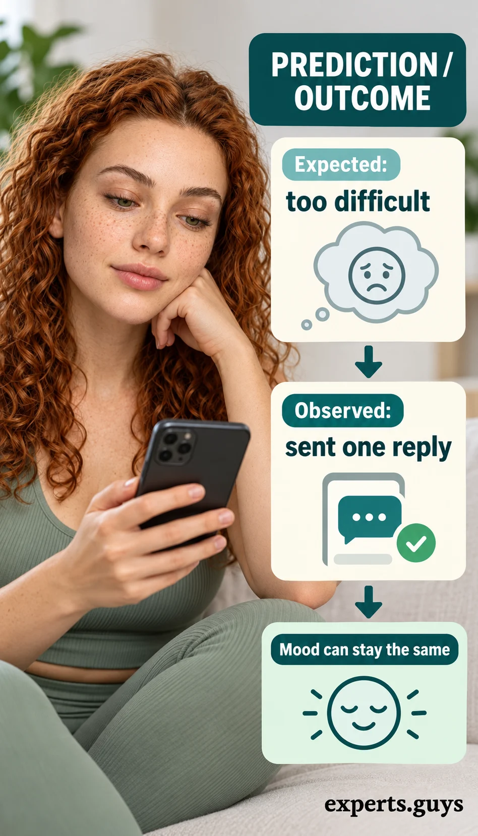 A woman reviews a prediction and an observed outcome while noting that mood can stay unchanged.