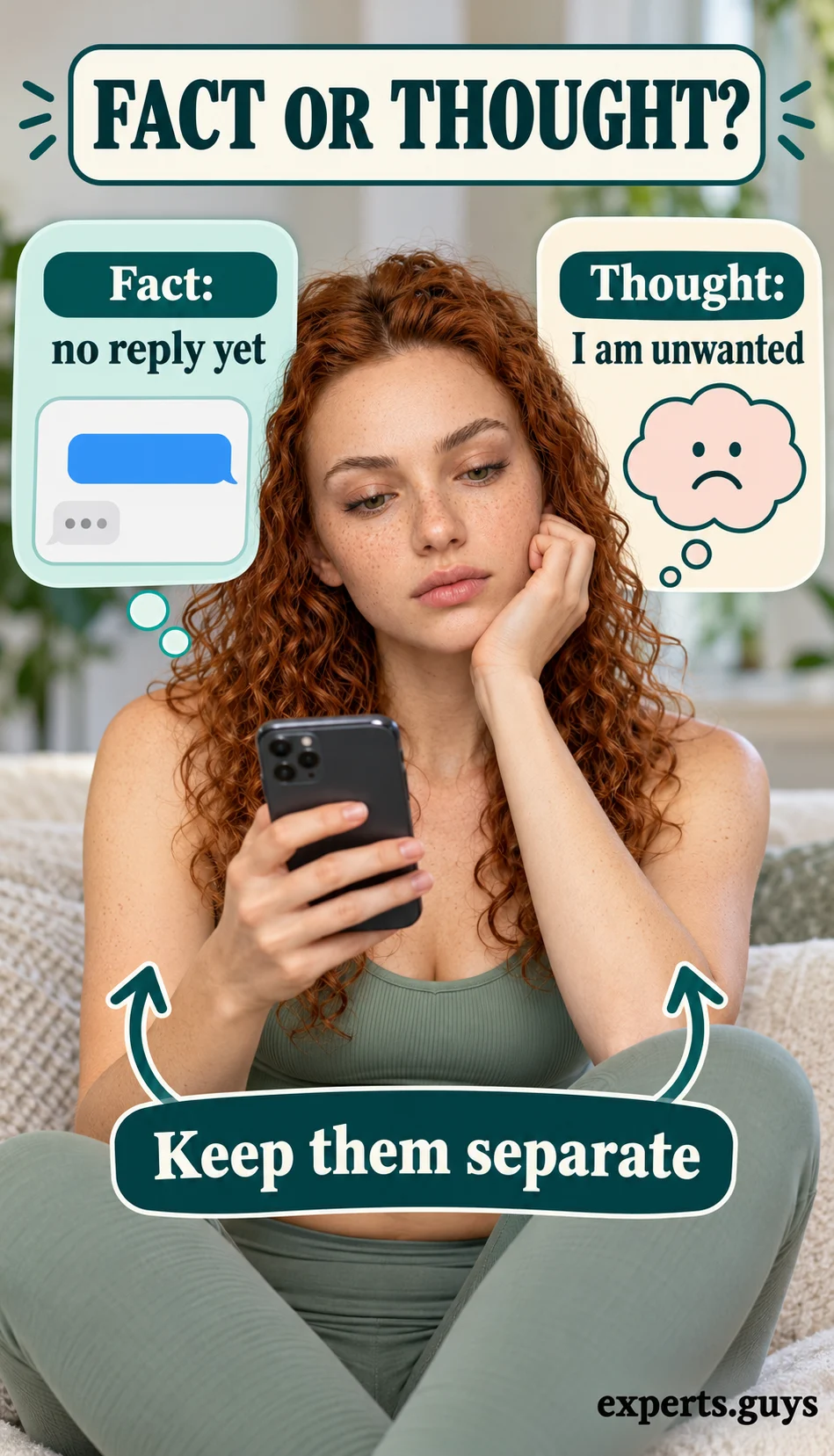 A woman and two panels distinguish no reply yet from the thought I am unwanted.