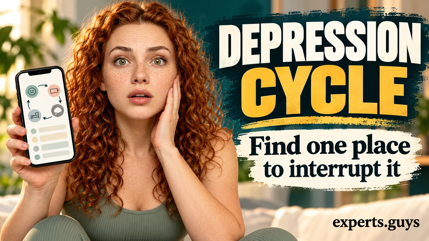 Woman in sage yoga clothing holds a phone beside the headline Depression Cycle and the prompt Find one place to interrupt it.