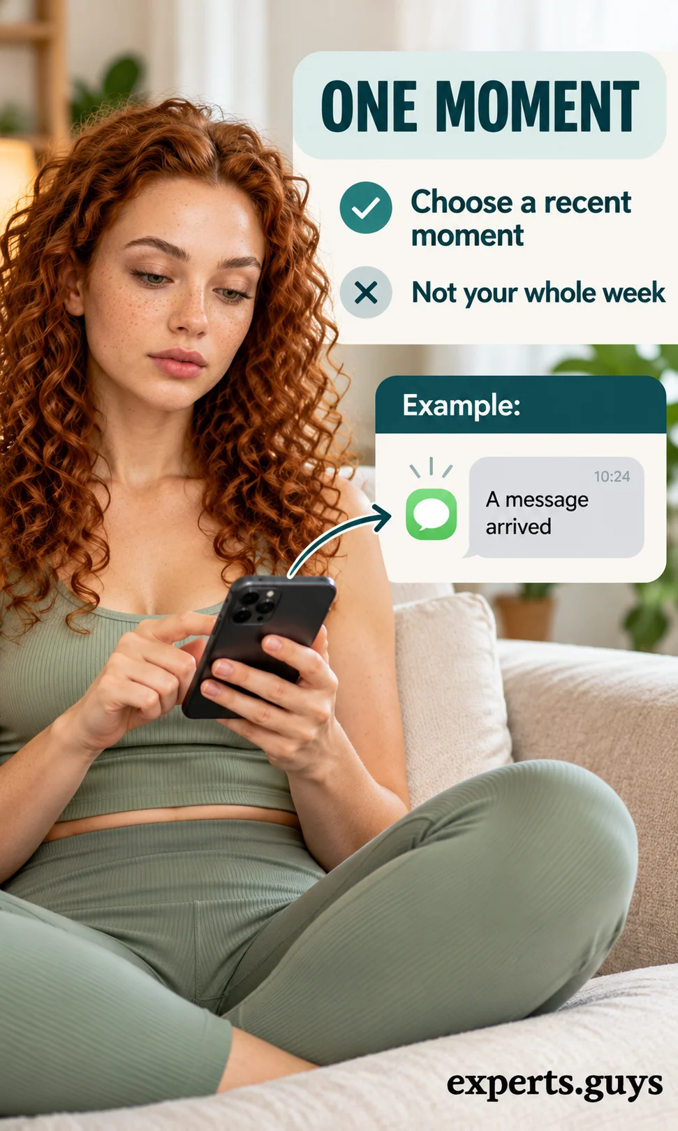 Woman uses a phone beside an example showing one recent message as the starting event.