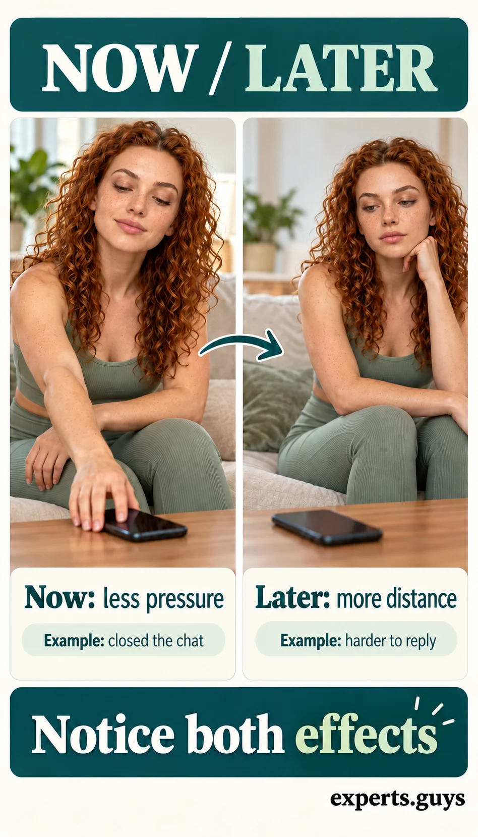 Two scenes compare the immediate relief of closing a chat with later distance.