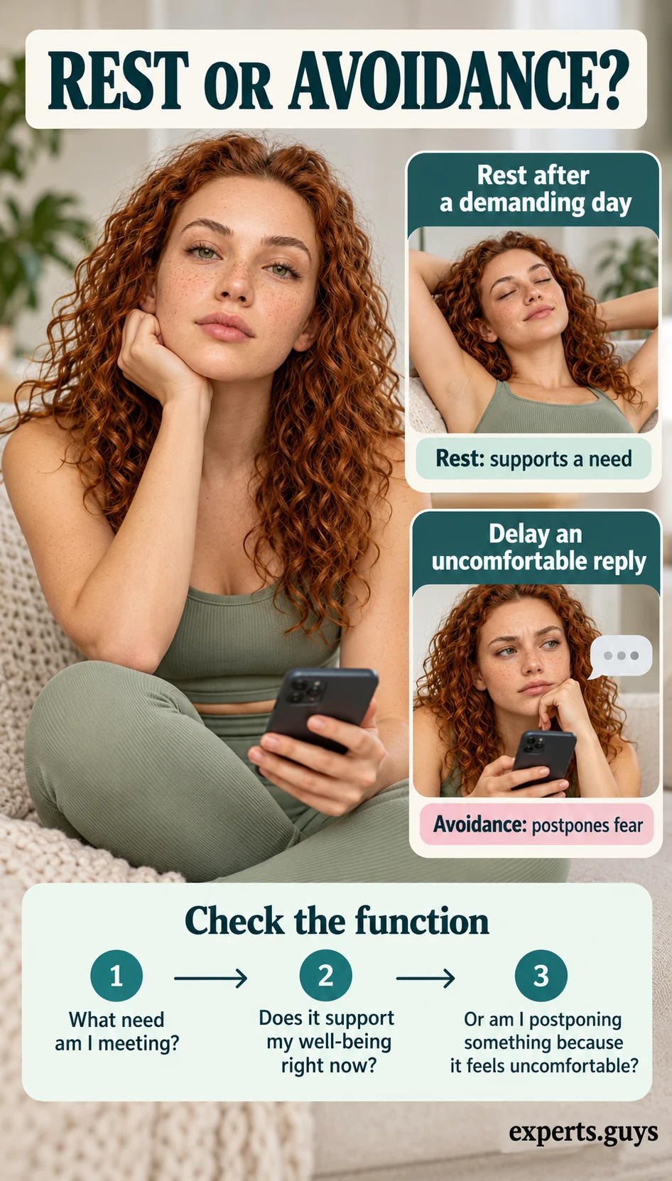 A woman resting beside examples contrasts meeting a need with postponing a feared reply.
