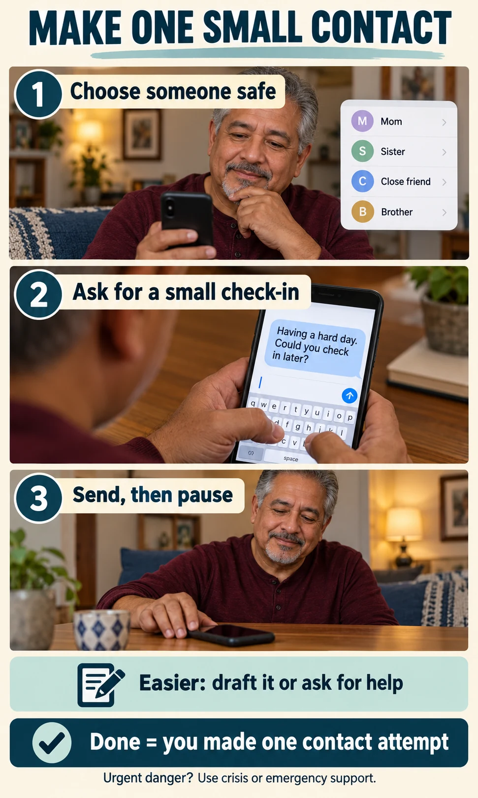 Four panels show choosing a safe contact, asking for a five-minute conversation, sending a message and pausing for a reply, with a draft as the easier option.