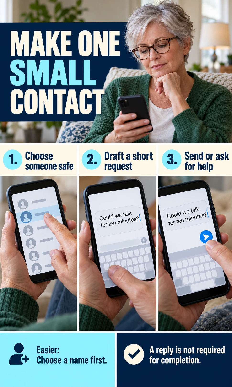 An older woman chooses a trusted person, drafts a short request for contact and sends or asks for help, with a smaller option of choosing a name.