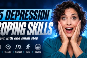 Surprised woman beside the headline Five Depression Coping Skills and five everyday coping categories.