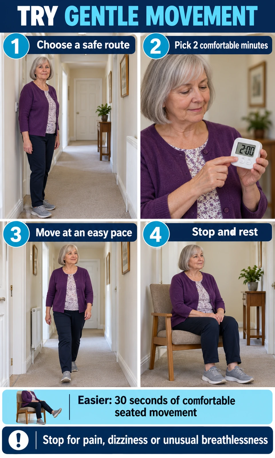 Four panels show selecting a clear route, choosing a short duration, walking gently and resting, with seated movement and stop signs included.