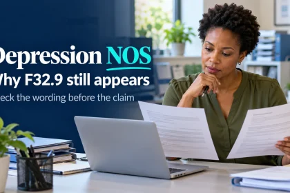 Coding specialist comparing anonymous documents beside the headline Depression NOS: Why F32.9 still appears